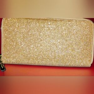 NIB, Kate Spade, Gold Glitter, Large Continental Wallet In Gift Box